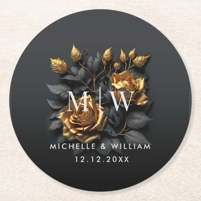 Posavasos Redondo De Papel Rosas de oro negro Boda de monograma gótico (Anverso)