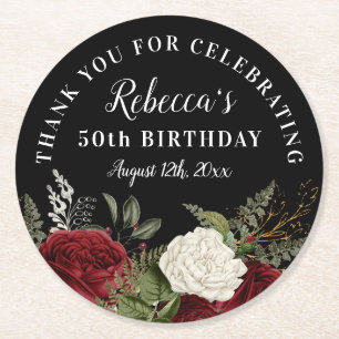 Posavasos Redondo De Papel Rosas rojas en negro 50 cumpleaños gracias a favor