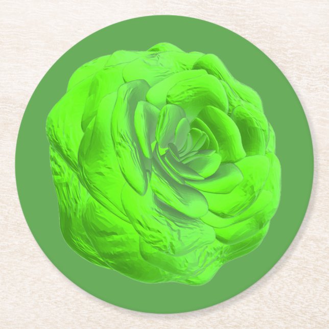 Posavasos Redondo De Papel Rosenblüte in Grün, 3D-Optik - (Anverso)