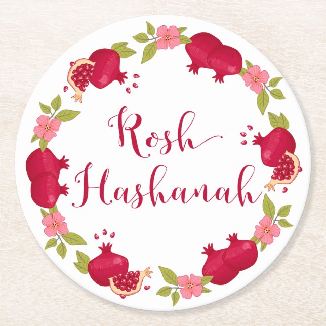 Posavasos Redondo De Papel Rosh Hashanah Año Nuevo Pomegranate Flower Wreath (Anverso)