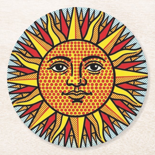 Posavasos Redondo De Papel Rostro del Sol Celestial Estilo de Arte Pop Comic  (Anverso)