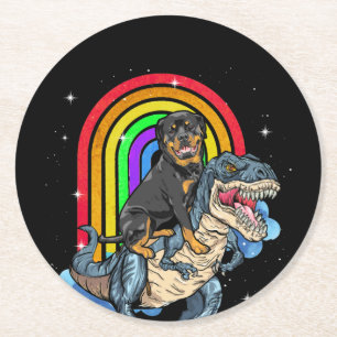 Posavasos Redondo De Papel Rottweiler Riding Dinosaur T rex Rainbow