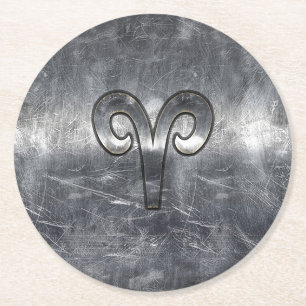 Posavasos Redondo De Papel Rótulo Aries Zodiac en estilo angustiado