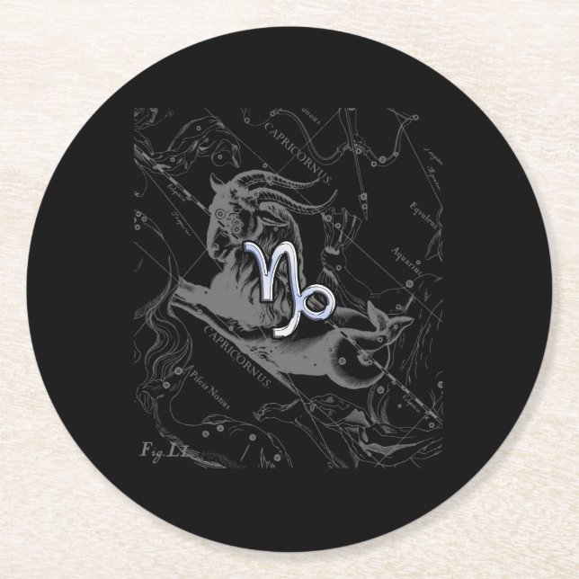 Posavasos Redondo De Papel Rótulo cromado como Capricornio Zodiaco en Heveliu (Anverso)