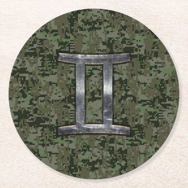 Posavasos Redondo De Papel Rótulo Gemini Zodiac sobre el Camo Digital Verde (Anverso)