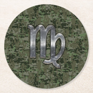 Posavasos Redondo De Papel Rótulo Virgo Zodiac en Camo Digital Verde