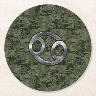 Posavasos Redondo De Papel Rótulo Zodiac contra el cáncer en camo digital ver
