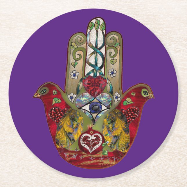 Posavasos Redondo De Papel Ruby Pomegranate Heart Red Bird Hamsa (Anverso)