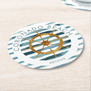Posavasos Redondo De Papel Rueda de barco costera personalizada acuarela