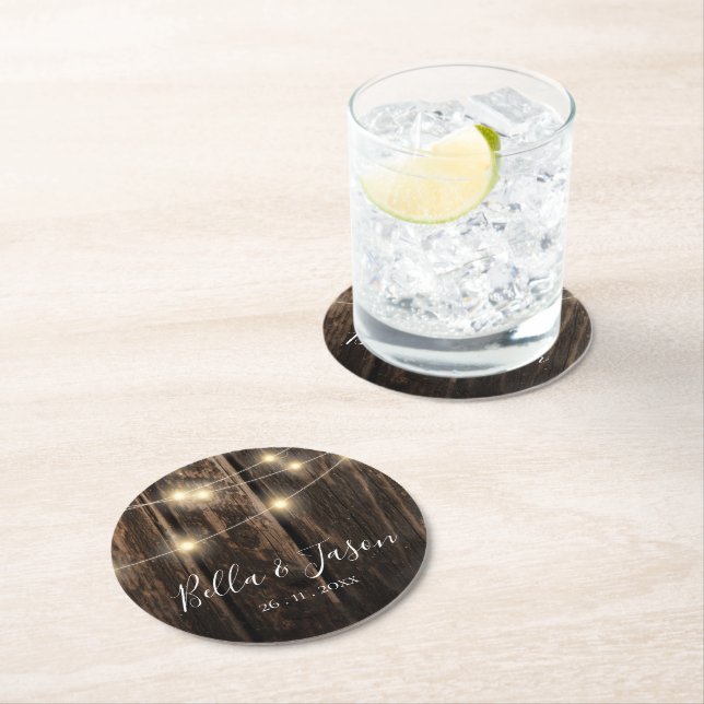 Posavasos Redondo De Papel Rustic Barn Wood String enciende la fiesta de la b (In situ)