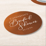 Posavasos Redondo De Papel Rustic Burnt Orange Bridal Shower Personalized<br><div class="desc">This rustic burnt orange bridal shower party coaster features beautiful white typography for an autumn party featuring boho colors for a fall wedding. Minimalist white typography for a bohemian bride.</div>