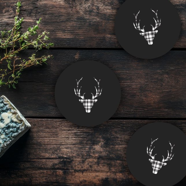 Posavasos Redondo De Papel Rustic Elegant Plaid Deer Christmas  (rustic elegant christmas coaster. black plaid deer design)