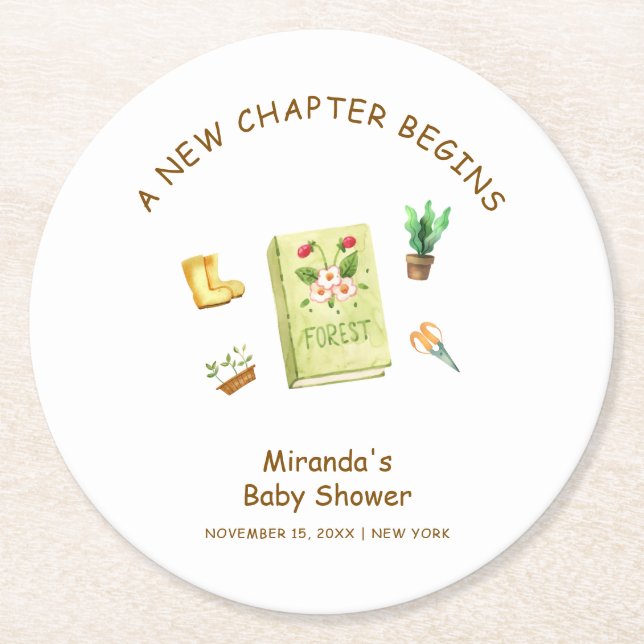 Posavasos Redondo De Papel Rustic Modern Chapter Garden Book Baby Shower (Anverso)