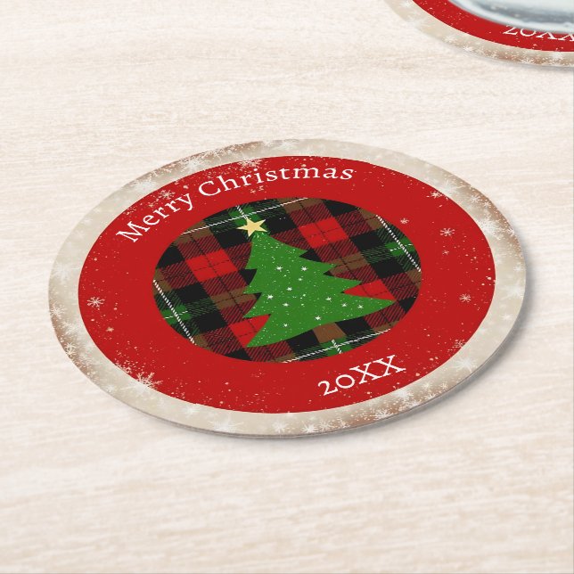 Posavasos Redondo De Papel Rustic Plaid Snowflake  (En perspectiva)