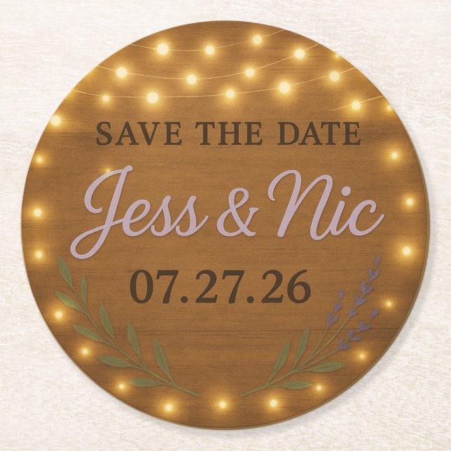Posavasos Redondo De Papel Rustic Save the Date Coasters – Jess & Nic 07 27 2 (Anverso)