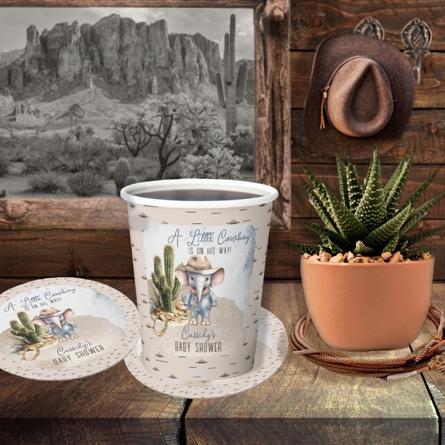 Posavasos Redondo De Papel Rustic Western Elephant Cowboy Boy Baby Shower (Rustic Western Elephant Cowboy Boy Baby Shower Coaster (Cup Sold Separately in  this Collection))