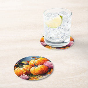 Posavasos Redondo De Papel Rústica Calabaza de otoño coloridas hojas de otoño
