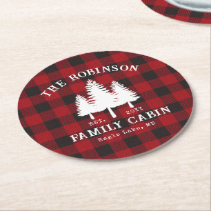 Posavasos Redondo De Papel Rústica familia de campo árbol de cabinas rojo búf