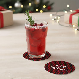 Posavasos Redondo De Papel Rústico Búfalo Rojo y Negro Juegan Feliz Navidad
