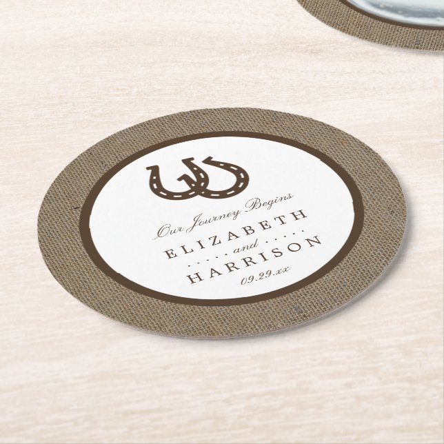 Posavasos Redondo De Papel Rústico Herradura Del País En El Boda Burlap (En perspectiva)