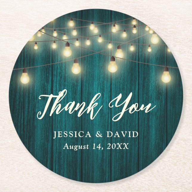 Posavasos Redondo De Papel Rústico país Boda Verde azulado Gracias (Anverso)