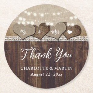 Posavasos Redondo De Papel Rústico País Madera Burlap Corazón Boda