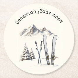 Posavasos Redondo De Papel Rústico Watercolor Ski Snow Tree Mountain Winter