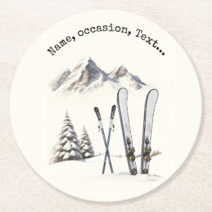 Posavasos Redondo De Papel Rústico Watercolor Ski Snow Tree Mountain Winter
