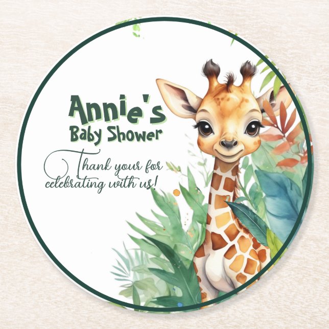 Posavasos Redondo De Papel Safari Giraffe Baby Shower Green (Anverso)