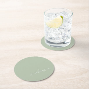 Posavasos Redondo De Papel Sage Green Minimalista Moderno Monograma elegante