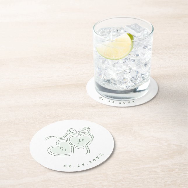 Posavasos Redondo De Papel Sage Hand Drawn Hearts Monogram Whimsical Wedding (In situ)