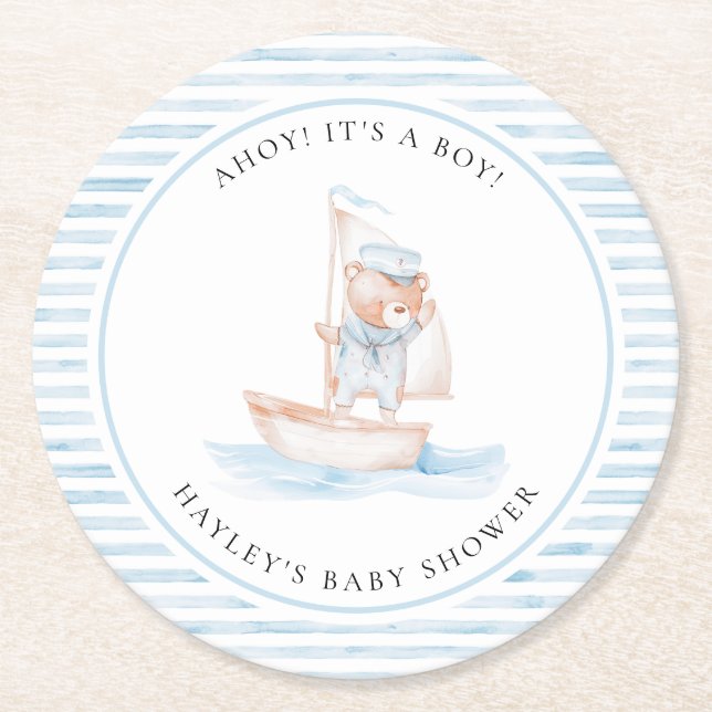 Posavasos Redondo De Papel Sailor Bear Blue Stripe Baby Shower (Anverso)