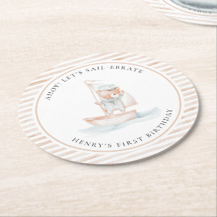 Posavasos Redondo De Papel Sailor Bear Tan Stripe Cumpleaños