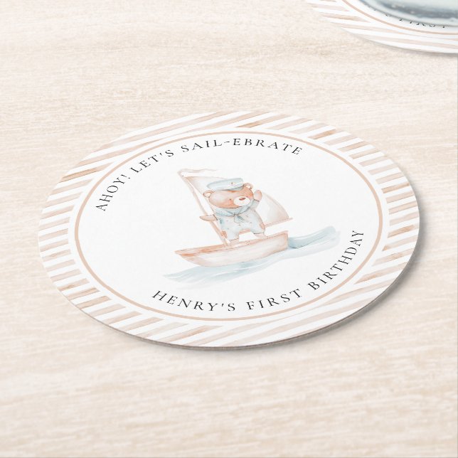 Posavasos Redondo De Papel Sailor Bear Tan Stripe Cumpleaños (En perspectiva)