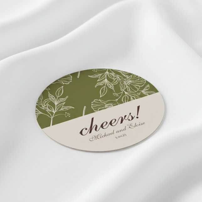 Posavasos Redondo De Papel ¡Salud Floral De Tono De Tierra! Boda Coaster Favo (Add a stylish touch to your celebration with this Earth Tone Floral “Cheers!” Wedding Coaster Favor!)