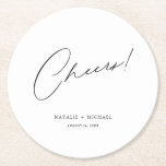 Posavasos Redondo De Papel Saludos a la moderna y única boda personalizada<br><div class="desc">¿Busca un favor de boda único y personalizado que sus invitados amarán? No busque más y venga a estos Alegres modernos y únicos Cascos de Papel de Boda Personalizada! Con un diseño sencillo pero elegante que incluye la palabra "Cheers" en un moderno alfabeto caligráfico, estas tiras son perfectas para cualquier...</div>