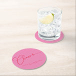 Posavasos Redondo De Papel Saludos Miniatura Guión Rojo Guión Rojo Boda Perso<br><div class="desc">Saludos Minimalistas Papel Redondo de Boda Redonda Rosada y Guión Rojo</div>