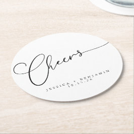 Posavasos Redondo De Papel Saludos Minimal Black Script Custom Wedding