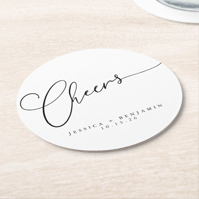 Posavasos Redondo De Papel Saludos Minimal Black Script Custom Wedding (En perspectiva)
