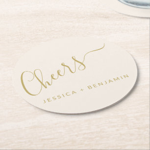 Posavasos Redondo De Papel Saludos Minimalistas Ecru y Gold Custom Wedding