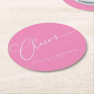 Posavasos Redondo De Papel Saludos Mínimo Guión Blanco Rosado Boda Personaliz