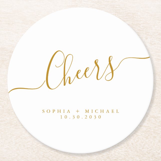 Posavasos Redondo De Papel Saludos Mínimo Guión Dorado Boda Personalizada (Anverso)