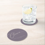 Posavasos Redondo De Papel Saludos Mínimo Polvoriento Guión Púrpura Boda Pers<br><div class="desc">Saludos Minimalistas Dusty Purple Script Costura De Papel Redondo De Boda</div>