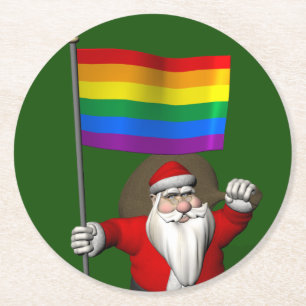 Posavasos Redondo De Papel Santa Claus con bandera arcoiris del orgullo gay