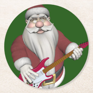 Posavasos Redondo De Papel Santa Claus tocando guitarra eléctrica