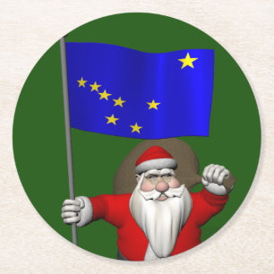Posavasos Redondo De Papel Santa Claus With Flag Of Alaska