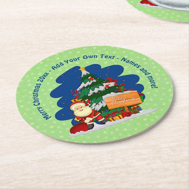 Posavasos Redondo De Papel Santa con el árbol de Navidad 20xx Añadir texto (En perspectiva)