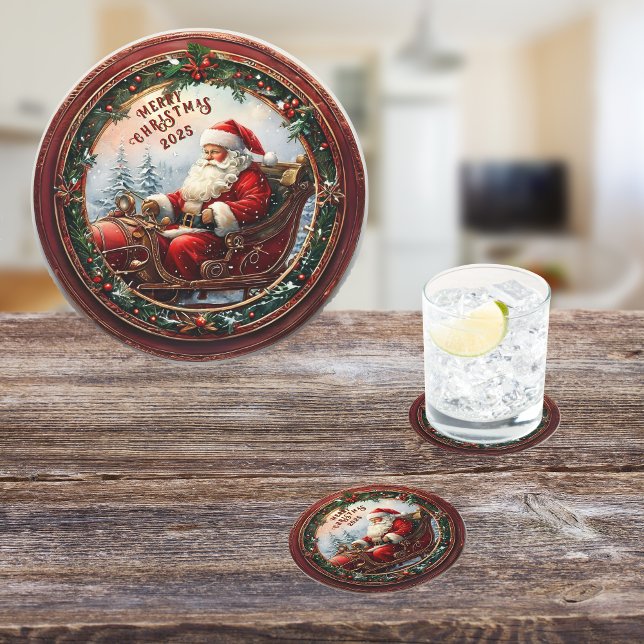 Posavasos Redondo De Papel Santa en su Sleigh (Subido por el creador)