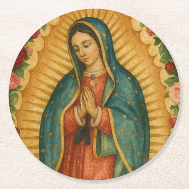 Posavasos Redondo De Papel Santa Maria, Virgen de Guadalupe Mother Mary Roses (Anverso)