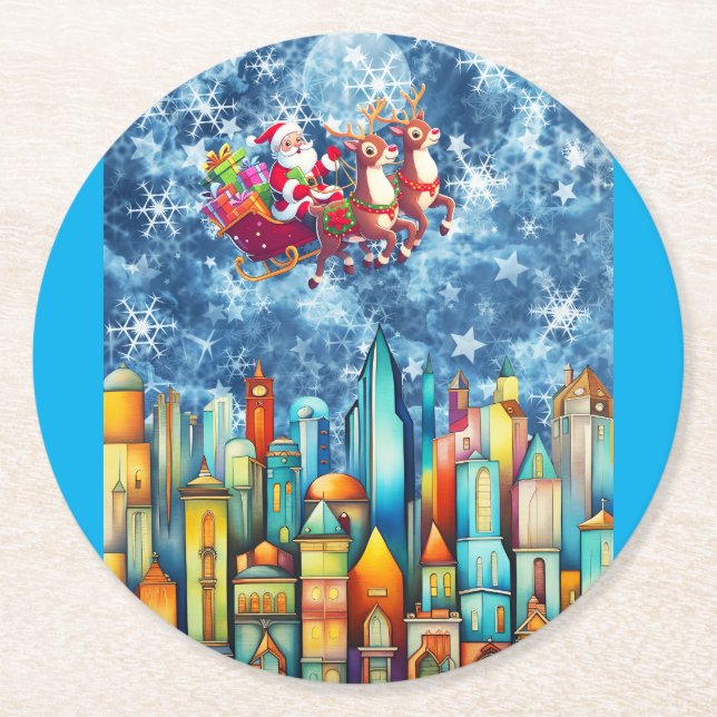 POSAVASOS REDONDO DE PAPEL SANTA SOBRE LA CIUDAD (Anverso)